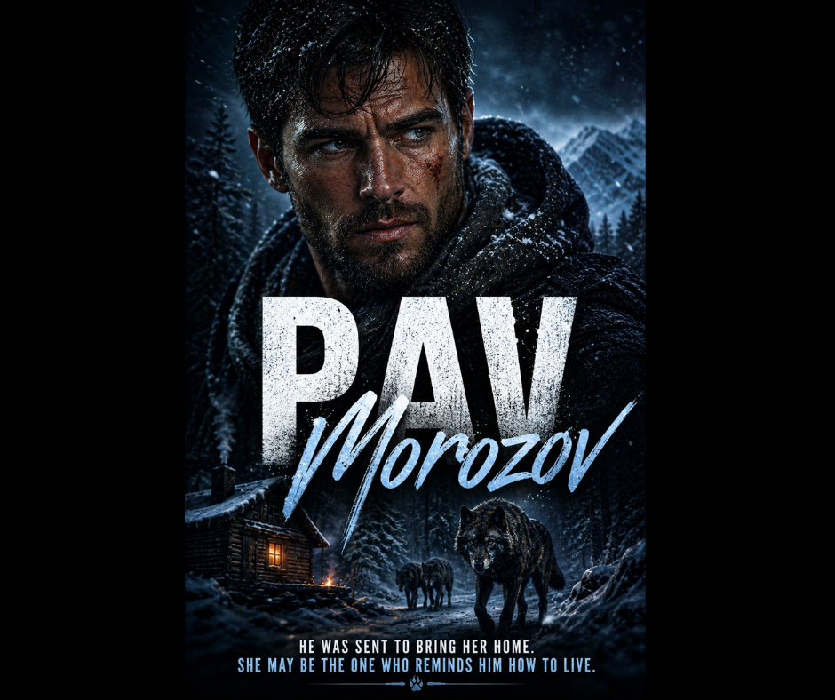 Snow-covered man in a dark coat standing beside a wolf in a winter forest, teaser image for The Tracker.