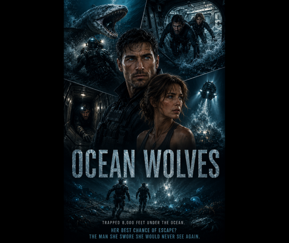 Ocean Wolves romantic suspense artwork showing Ethan and Becca surrounded by deep-sea divers, a submarine and an enormous shark beneath the ocean.